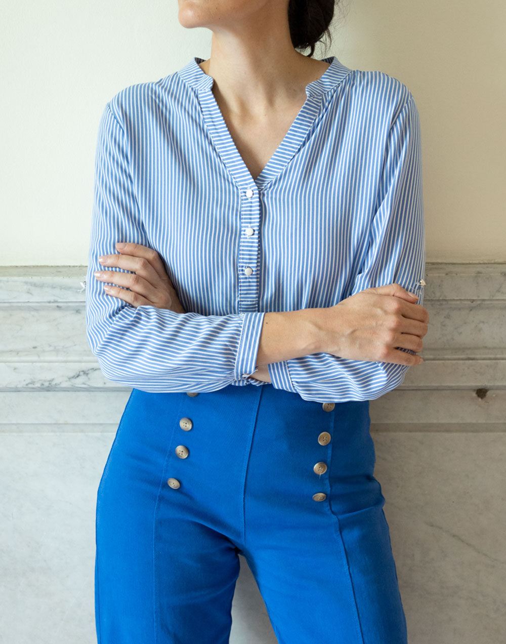 Camisa cuello mao rayas verticales azul talla camisas mujer blusas de vestir formales