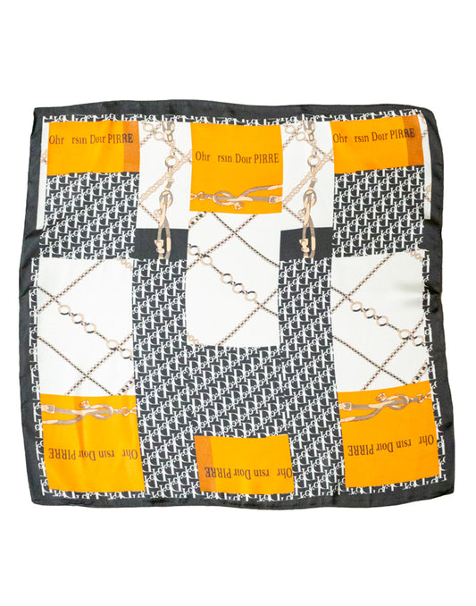 Pañuelo de seda con cadenas y detalles tipográficos naranja tienda de ropa mujeres muestrarios accesorios complementos pañuelo seda cadenas detalles tipografico tipografia
