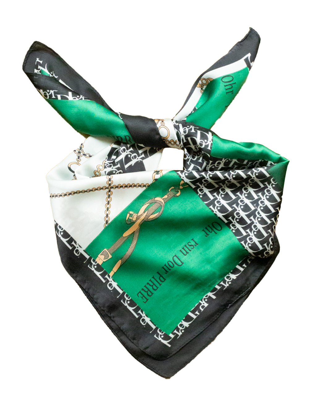 Pañuelo de seda con cadenas y detalles tipográficos verde tienda de ropa mujeres muestrarios accesorios complementos pañuelo seda cadenas detalles tipografico tipografia