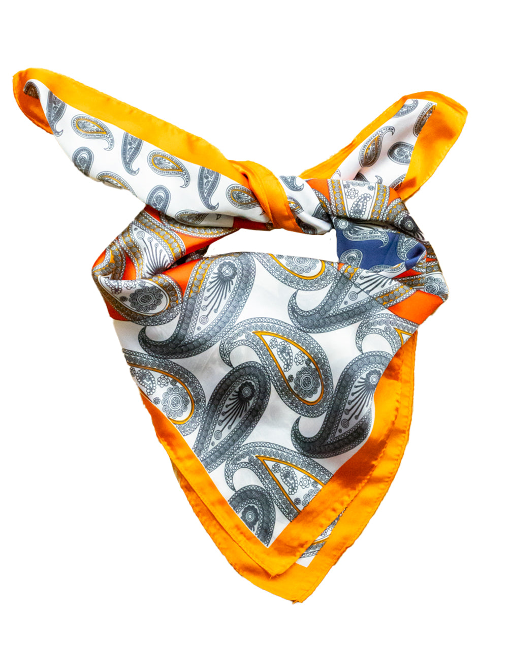 Pañuelo de seda con estampado paisley naranja y azul tienda de mujeres muestrarios accesorios complementos pañuelo de seda estampado paisley gota multicolor