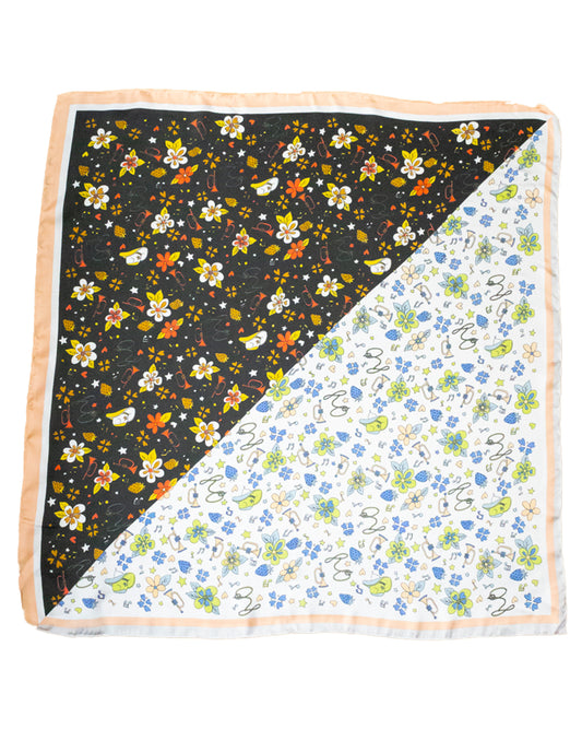 Pañuelo de seda con estampado botanico bicolor negro tienda de ropa mujeres muestrarios accesorios complementos seda flores estampado