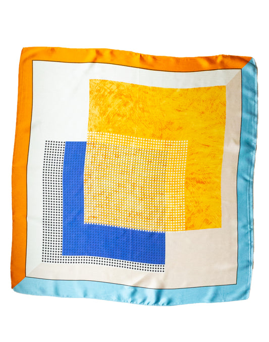 Pañuelo de seda con estampado de cuadros abstracto naranja y azul tienda de ropa mujeres muestrarios accesorios complementos abstracto pañuelos seda marco