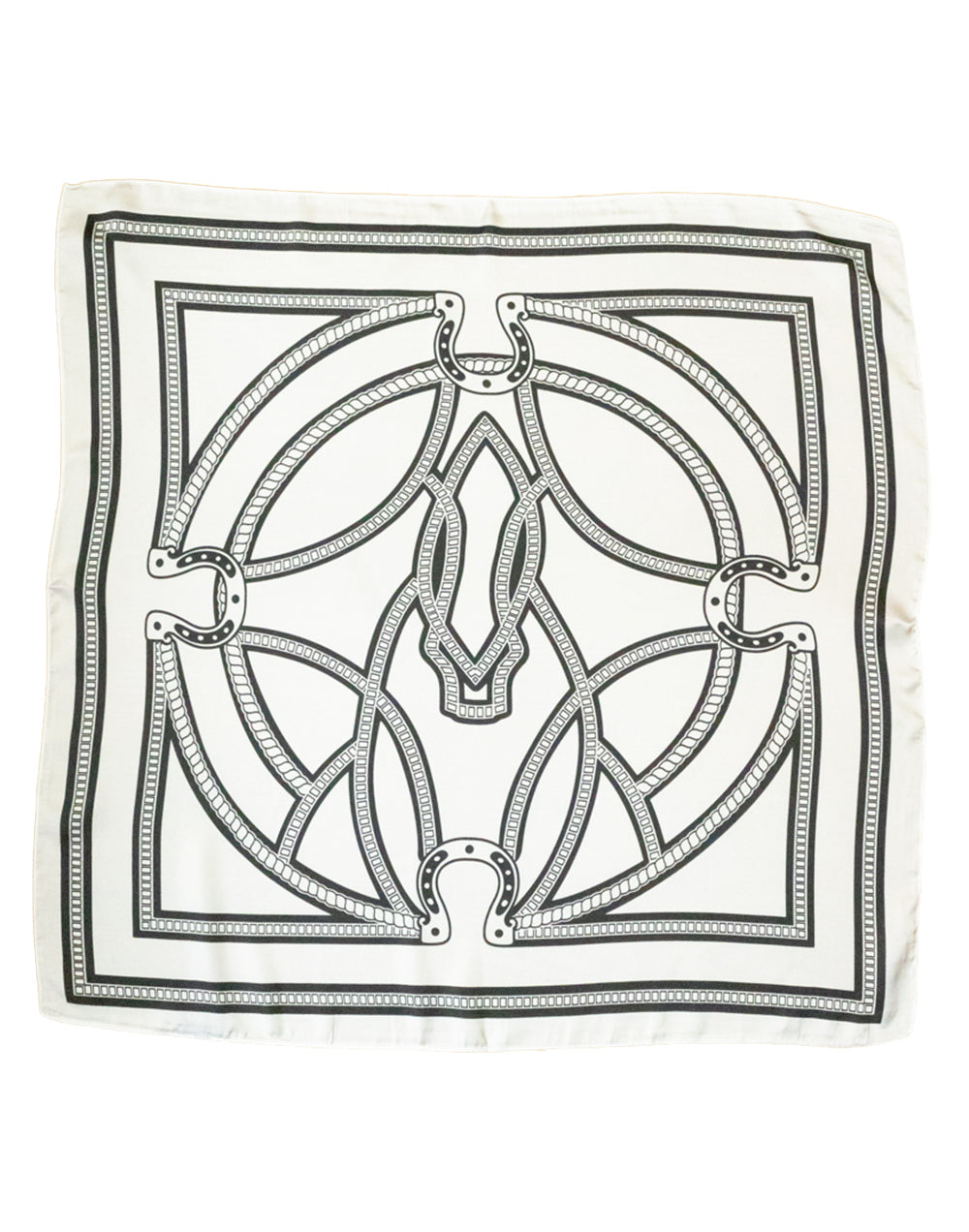 Pañuelo de seda con diseño ecuestre y herraduras entrelazadas blanco y negro tienda de ropa mujeres muestrarios complementos accesorios pañuelos herradura ecuestre inspiracion