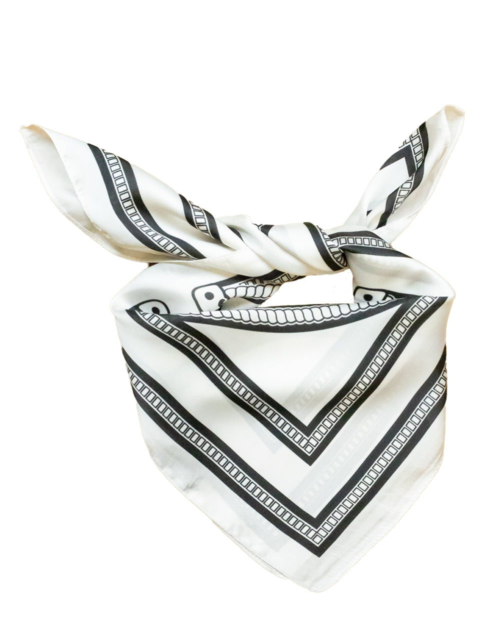 Pañuelo de seda con diseño ecuestre y herraduras entrelazadas blanco y negro tienda de ropa mujeres muestrarios complementos accesorios pañuelos herradura ecuestre inspiracion