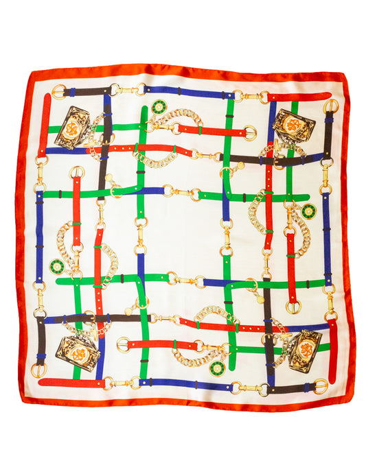 Pañuelo de seda con cinturones y cadenas de inspiración ecuestre multicolor tienda de ropa mujeres muestrarios pañuelos accesorios complementos cadenas 