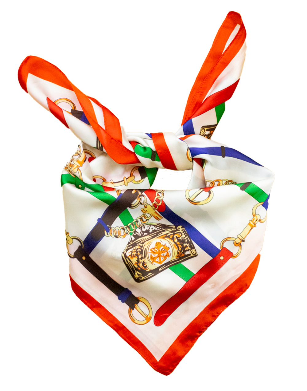 Pañuelo de seda con cinturones y cadenas de inspiración ecuestre multicolor tienda de ropa mujeres muestrarios pañuelos accesorios complementos cadenas 