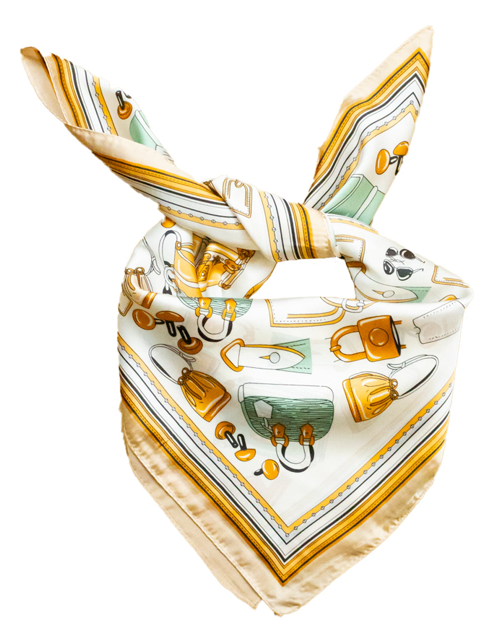 Pañuelo de seda con inspiración de marroquinería ecuestre beige tienda de ropa mujeres muestrarios complementos accesorios pañuelos pequeño marco fondo 
