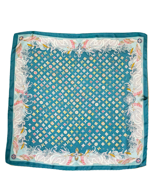 Pañuelo de seda con estampado barroco sobre fondo turquesa tienda de ropa mujeres muestrarios accesorios complementos detalle