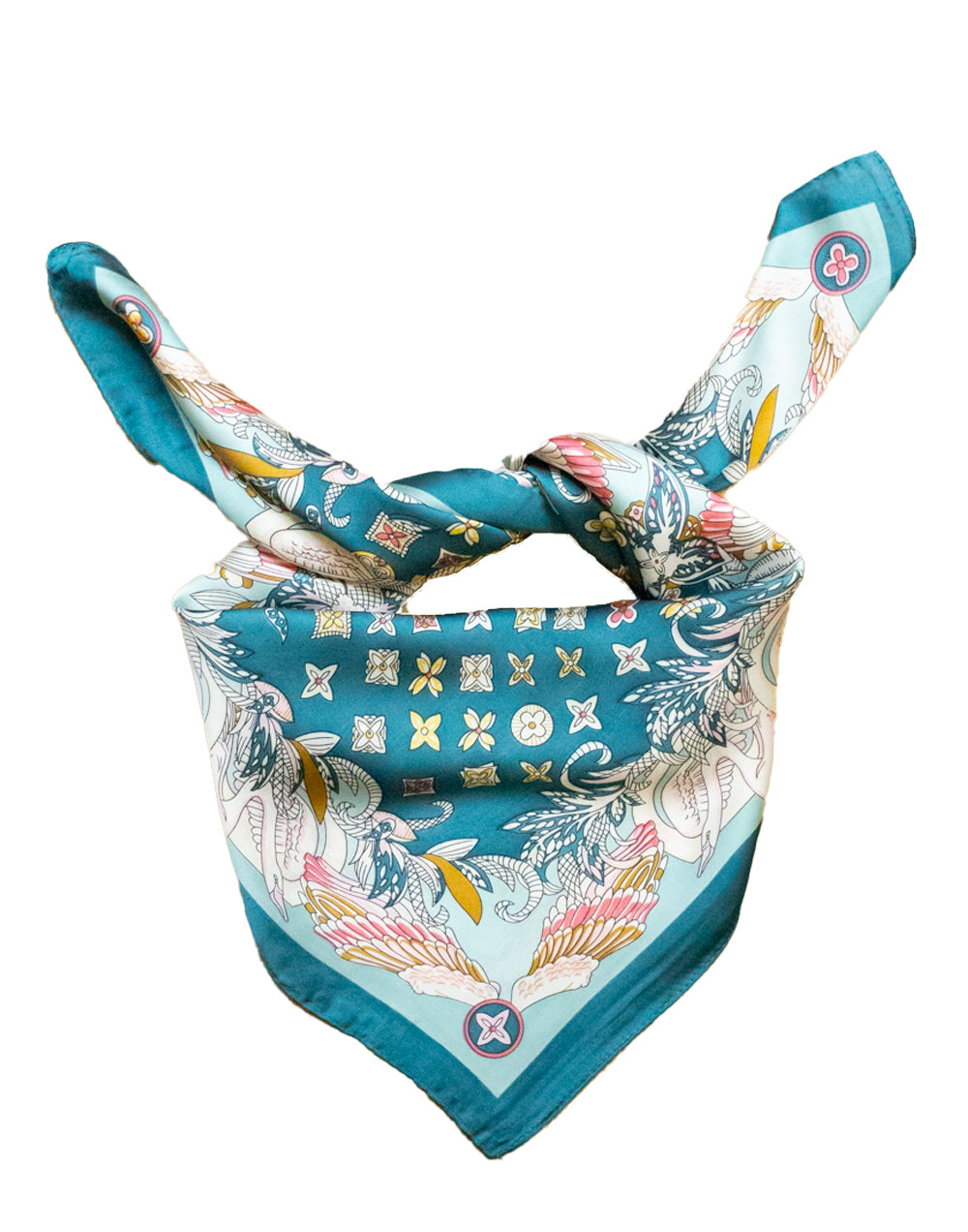 Pañuelo de seda con estampado barroco sobre fondo turquesa tienda de ropa mujeres muestrarios accesorios complementos detalle