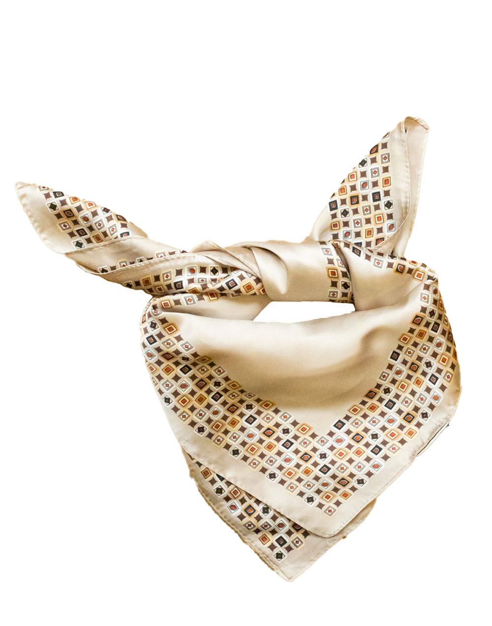 Pañuelo de seda con borde de mosaico sobre fondo beige tienda de ropa mujeres muestrarios accesorios complementos mosaico