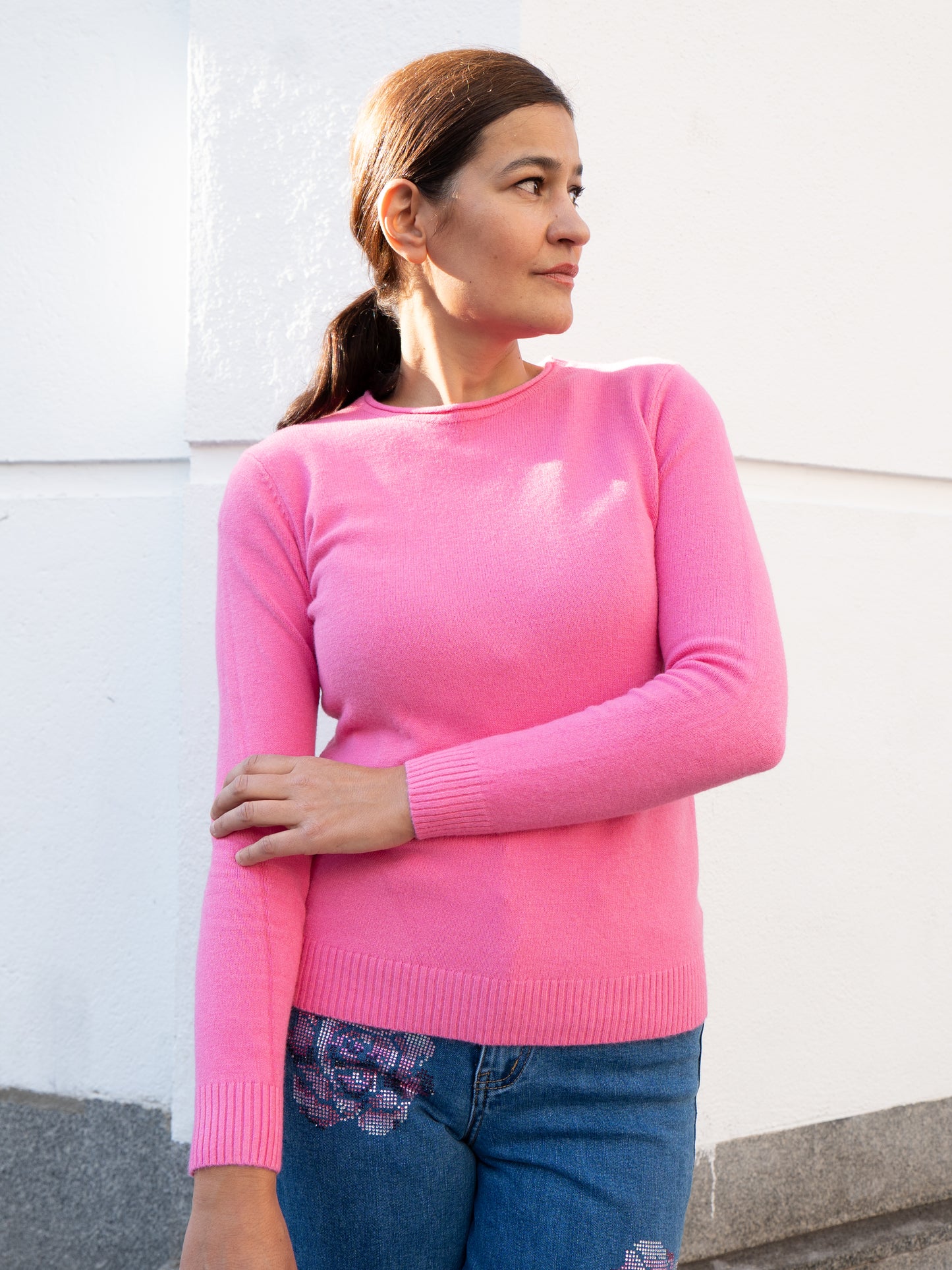 Jersey básico cuello caja entallado rosa chicle muestrarios de ropa y moda mujer 