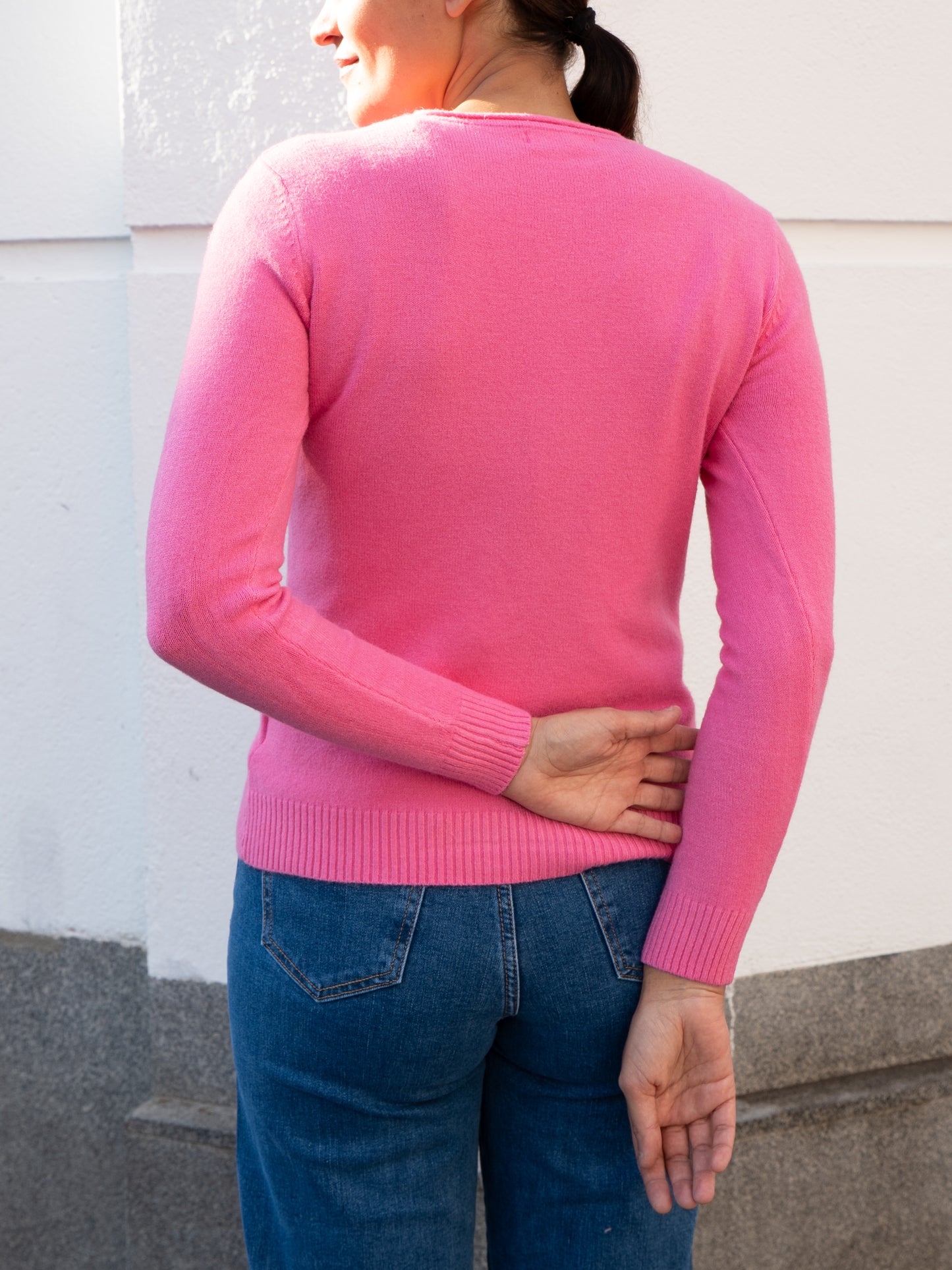 Jersey básico cuello caja entallado rosa chicle muestrarios de ropa y moda mujer 
