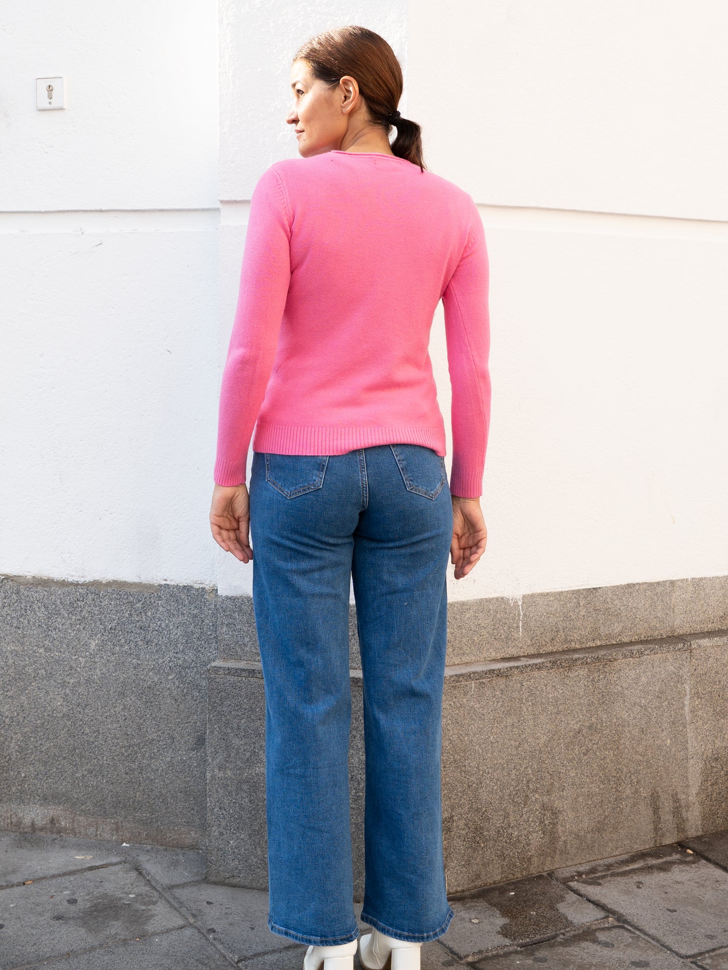 Jersey básico cuello caja entallado rosa chicle muestrarios de ropa y moda mujer 