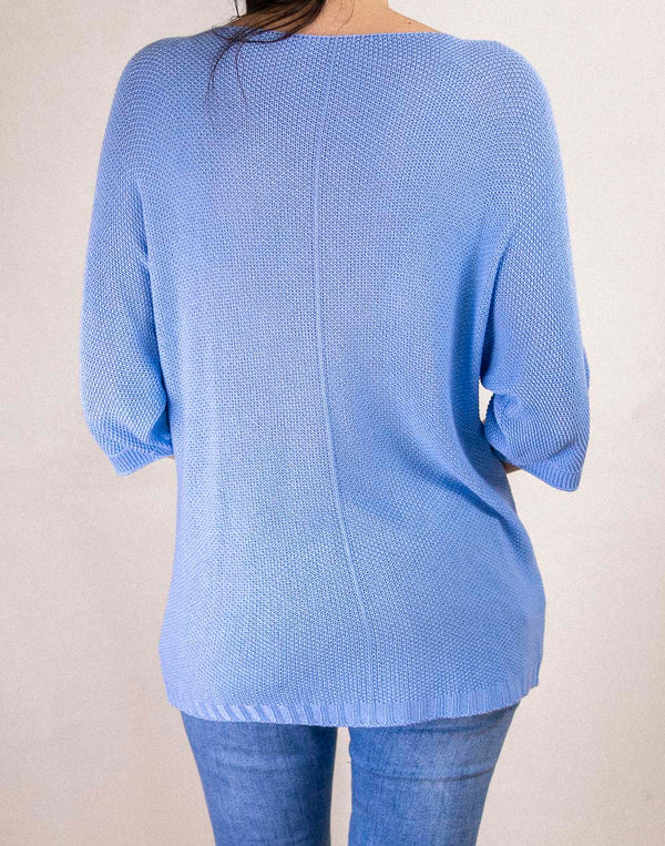 Jersey manga murciélago punto calado azul claro muestrarios de ropa y moda de mujer vestir bien