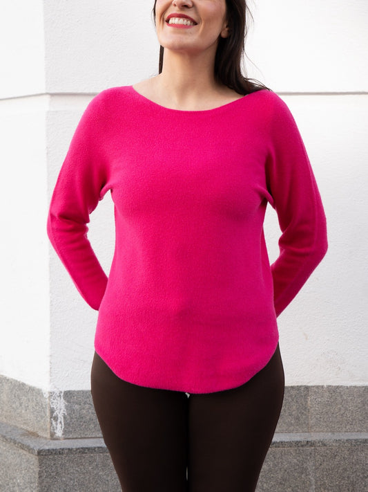 Jersey recto sin costuras cuello barco rosa fuerte muestrarios de ropa y moda de mujer 