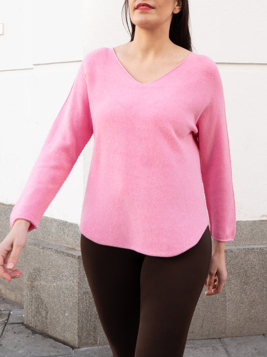 Jersey recto sin costuras cuello pico rosa bebé