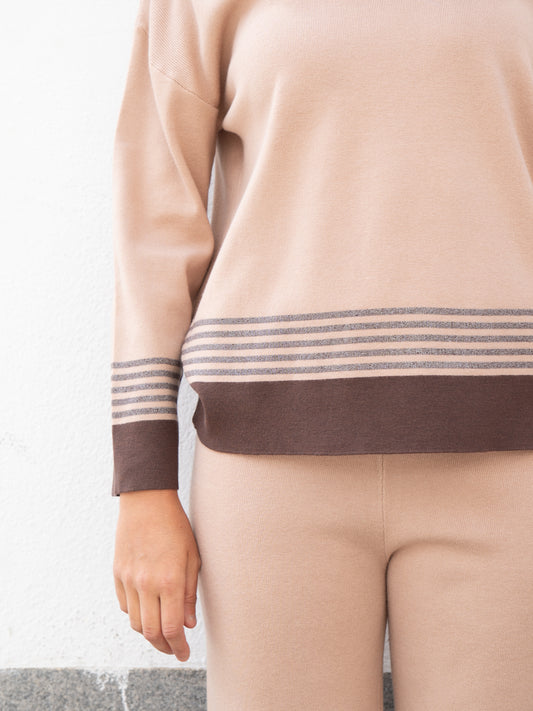 Jersey y Pantalón de punto con rayas inferiores camel y marrón muestrarios de ropa y moda de mujer 