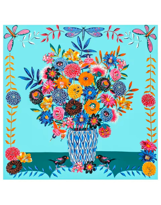 Pañuelo de seda jarrón de flores y caras azul turquesa pañuelo grande ideas regalo muestrarios de moda valladolid madrid y burgos