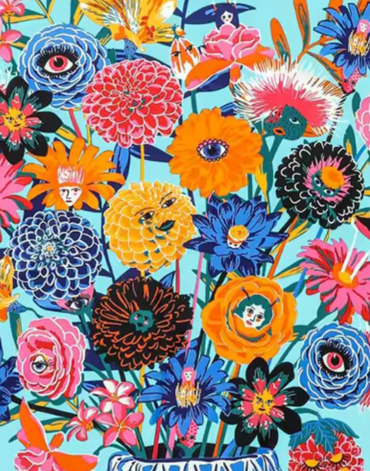 Pañuelo de seda jarrón de flores y caras azul turquesa pañuelo grande ideas regalo muestrarios de moda valladolid madrid y burgos