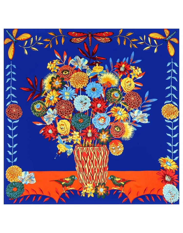 Pañuelos de seda grande jarrón de flores y caras color azul eléctrico 