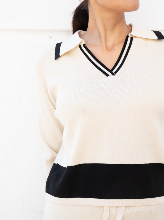 Polo de punto con pantalón de tricot con bajo a contraste blanco marfil muestrarios de ropa y moda de mujer conjunto de punto 