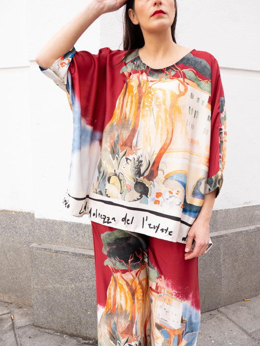 Top capa y Pantalón palazzo estampado Italia muestrarios de ropa y moda de mujer ideas vestir mujer mediana edad invitada 