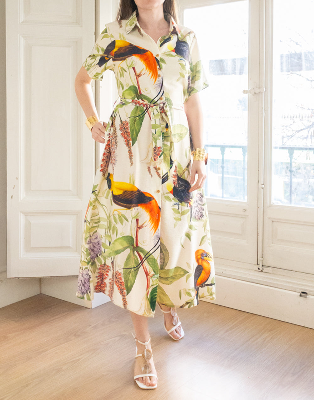 Vestido camisero manga corta estampado tropical verde muestrarios de ropa y moda de mujer vestir bien con talla grande plus