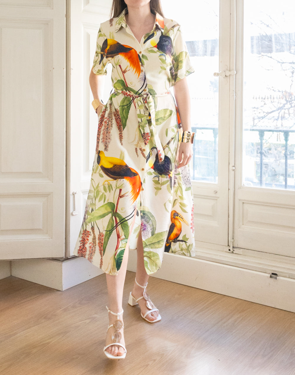 Vestido camisero manga corta estampado tropical verde muestrarios de ropa y moda de mujer vestir bien con talla grande plus