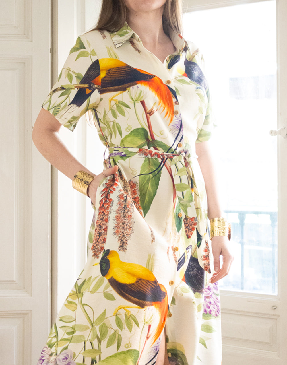 Vestido camisero manga corta estampado tropical verde muestrarios de ropa y moda de mujer vestir bien con talla grande plus