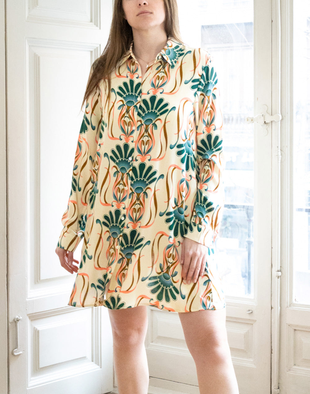 Vestido corto camisero estampado damasco verde muestrarios de ropa y moda de mujer vestir bien con talla grande plus