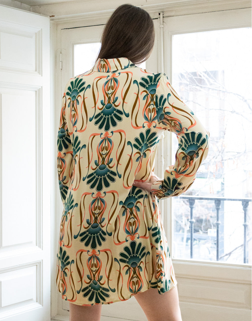 Vestido corto camisero estampado damasco verde muestrarios de ropa y moda de mujer vestir bien con talla grande plus