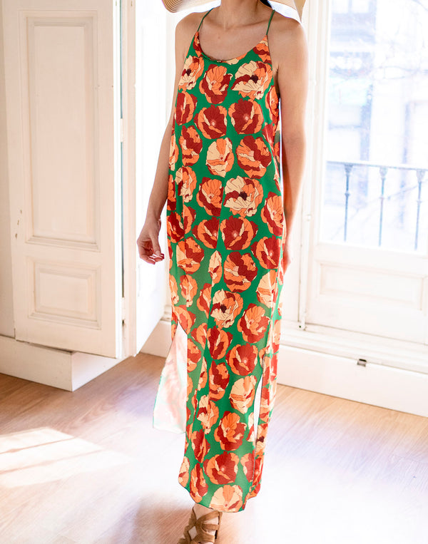 Vestido largo de flores naranjas con espalda cruzada muestrarios de ropa y moda de mujer vestir bien invitada ideal perfecta low cost