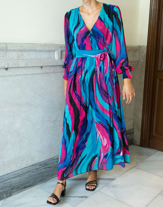 Vestido largo de gasa efecto aguas azul y rosa muestrarios de ropa y moda de mujer invitada ideal ideas para invitada boda otoño