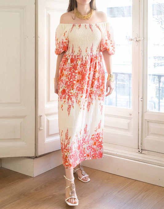 Vestido largo nido de abeja con estampado de flores coral muestrarios de ropa y accesorios de mujer vestir bien ideas invitada mediana edad