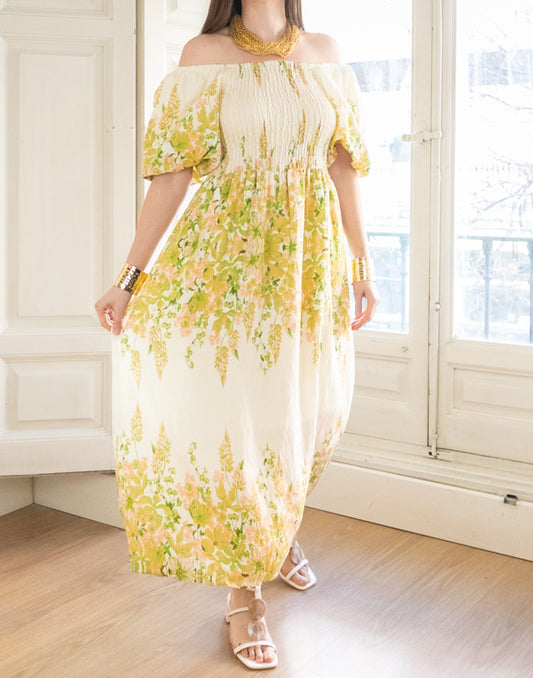 Vestido largo nido de abeja con estampado de flores verde ideas invitada primavera ideal