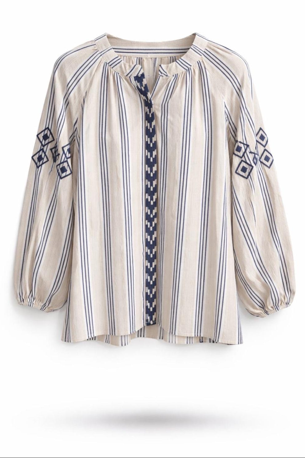 Blusa folk rayas crema bordado étnico azul - plano producto