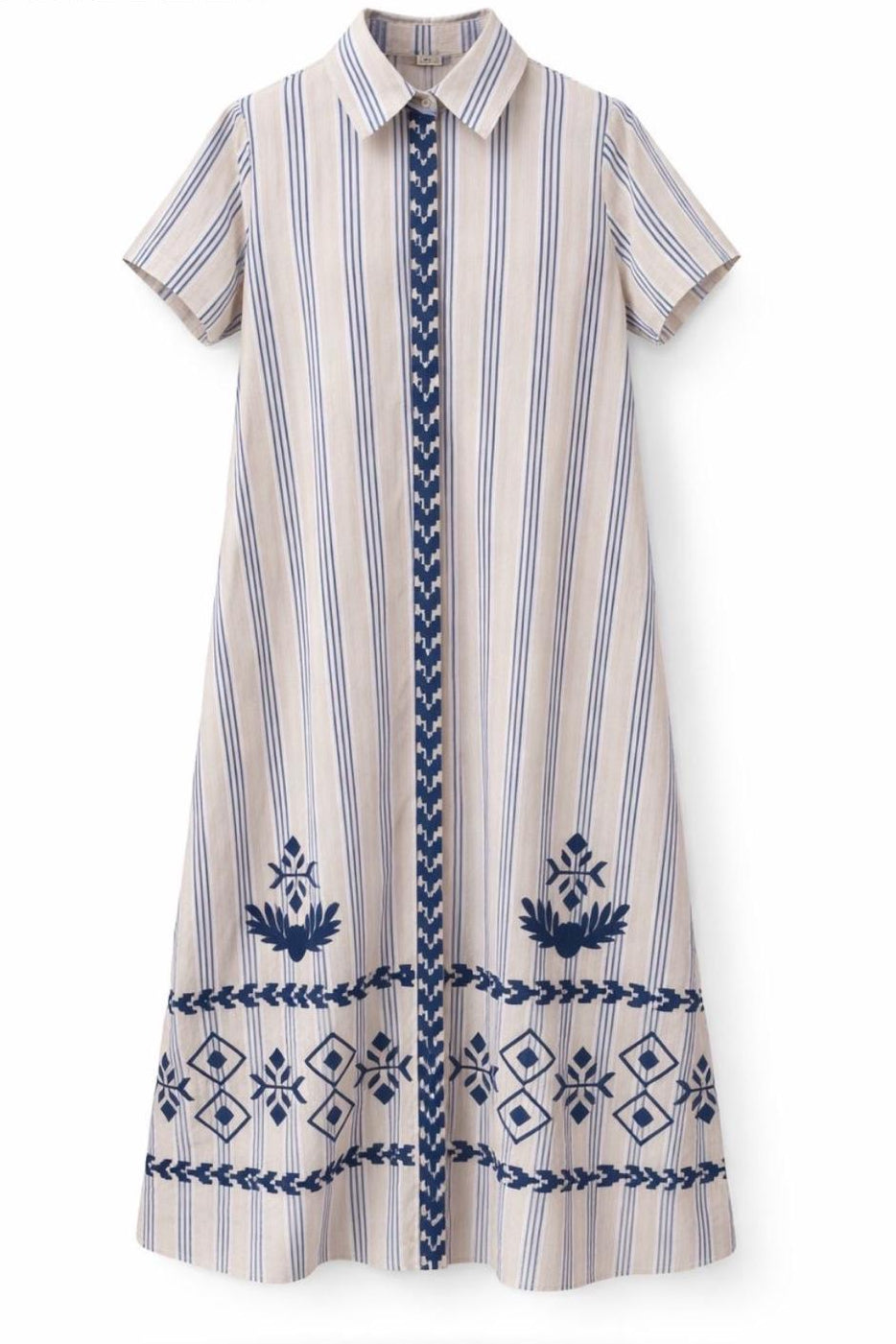 Vestido camisero maxi rayas bordado étnico azul - plano producto