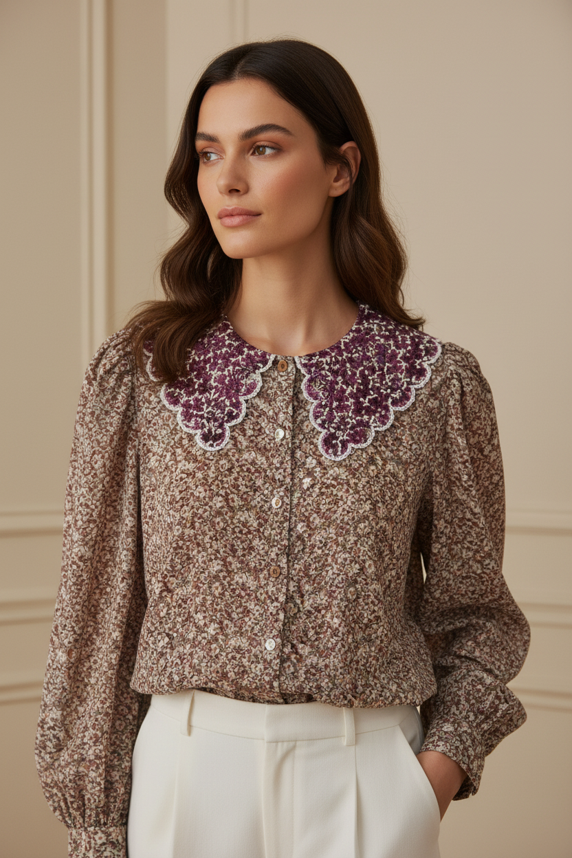 Blusa liberty cuello Peter Pan bordado - detalle cuello bordado