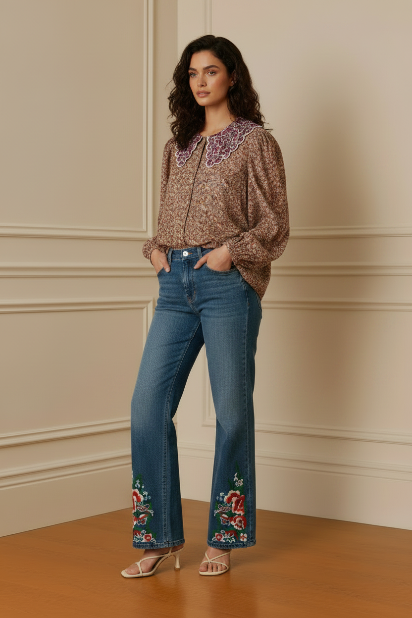 Blusa liberty cuello Peter Pan bordado - tres cuartos