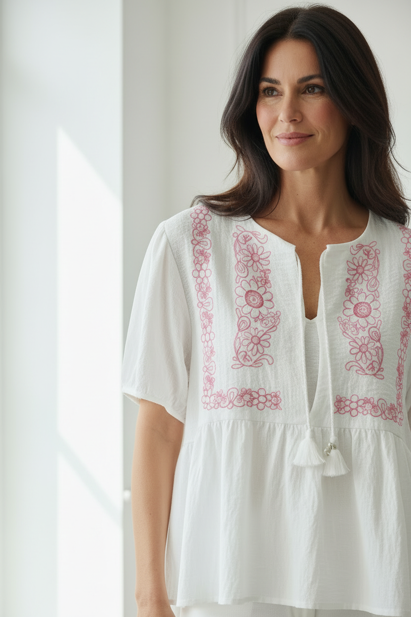 Blusa bordado rosa detalle