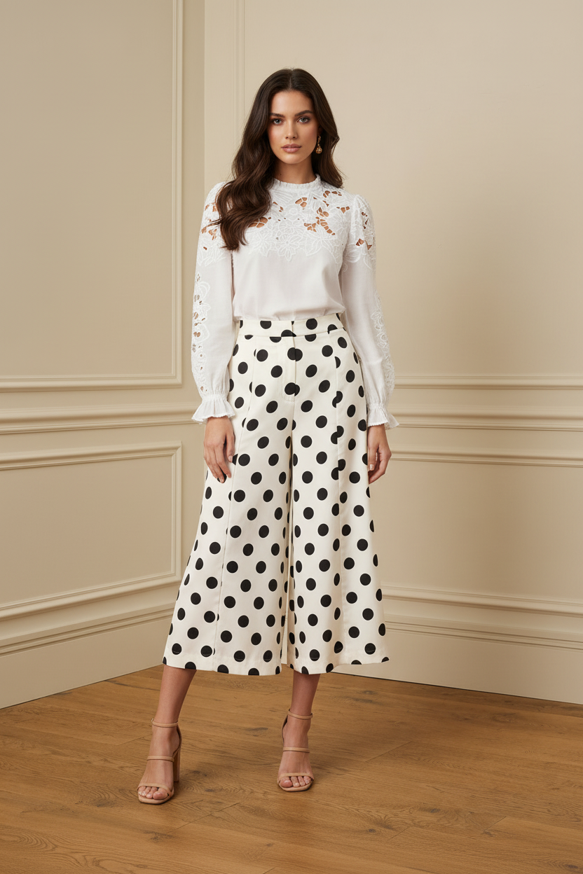 Blusa encaje con pantalón lunares frontal