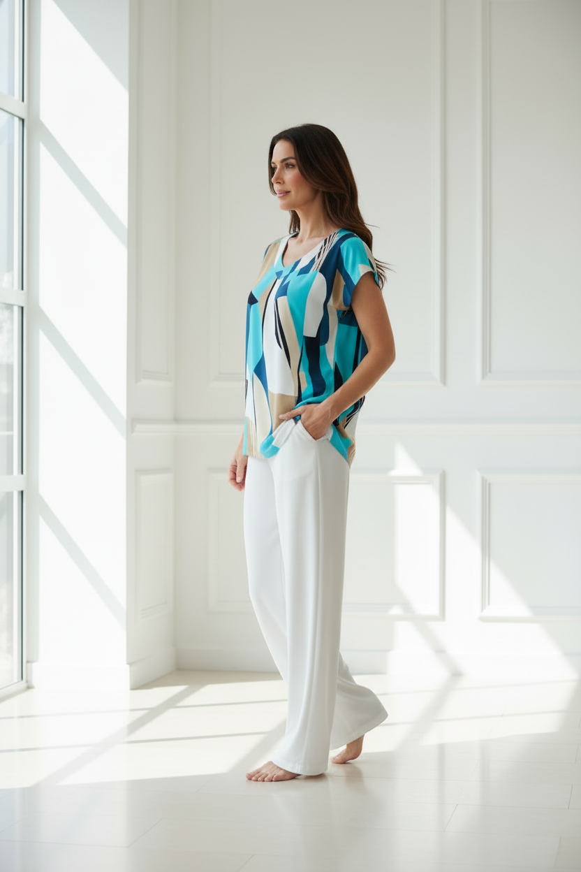 Blusa geométrica turquesa vista lateral