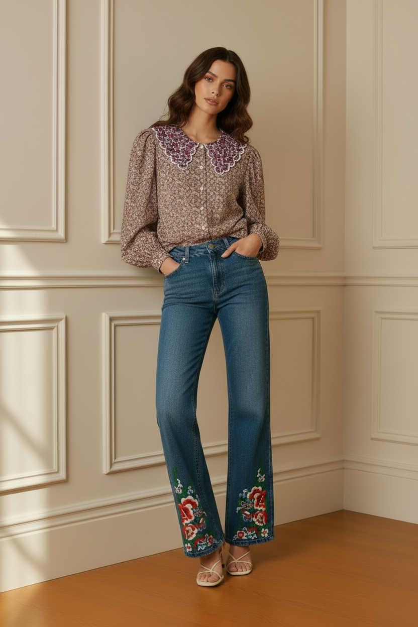 Blusa liberty cuello Peter Pan bordado - modelo apoyada en pared