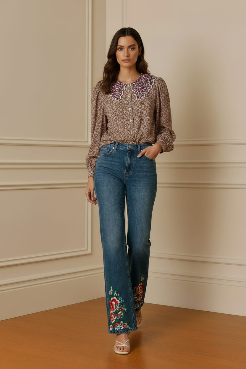 Blusa liberty cuello Peter Pan bordado - modelo caminando