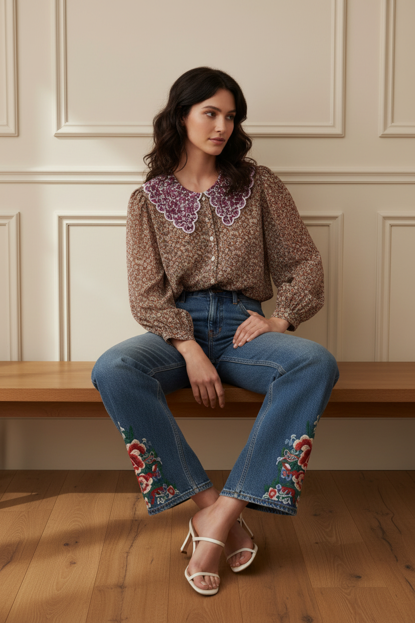 Blusa liberty cuello Peter Pan bordado - modelo sentada con vaquero bordado