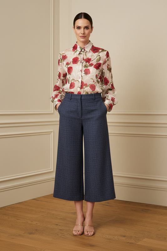 Blusa rosas chifón + culotte navy - frontal