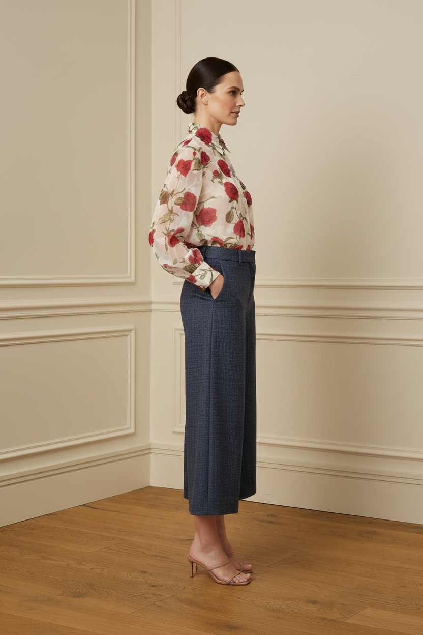 Pantalón culotte navy tweed botones dorados