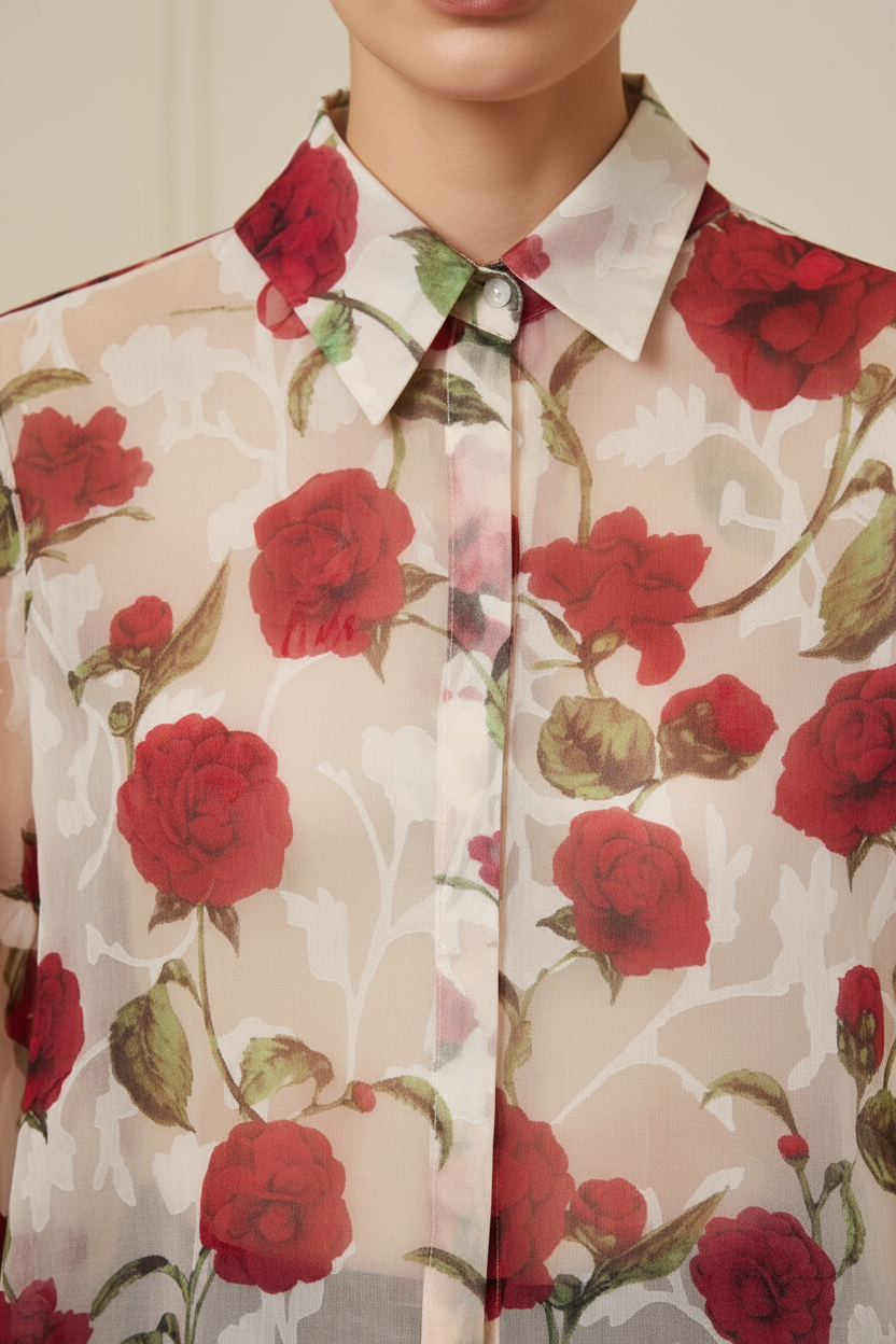 Blusa rosas - detalle cuello y chifón