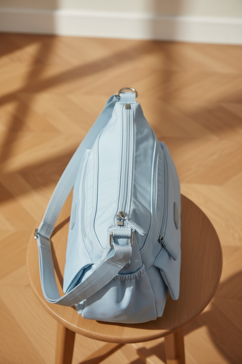 Bolso bandolera acolchado azul celeste - detalle superior y cremallera