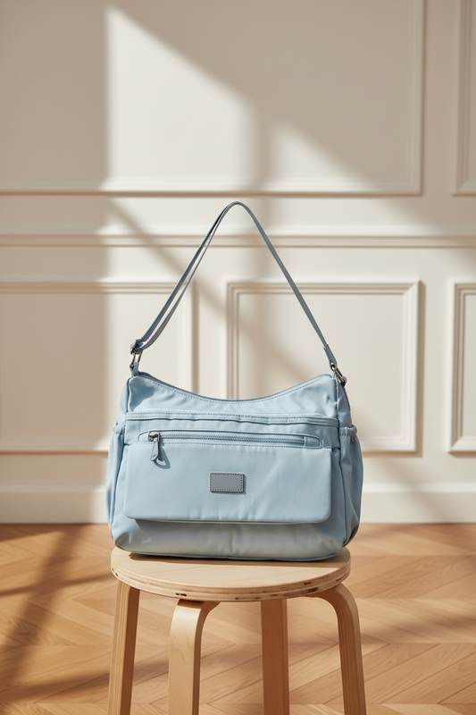 Bolso bandolera acolchado azul celeste - vista frontal en taburete